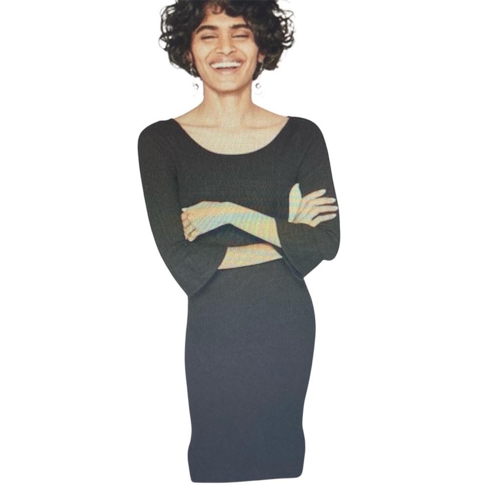 ZARA | Black Ribbed Knit Midi Dress Size S  3/4 Flare Sleeve Stretchy BNWT